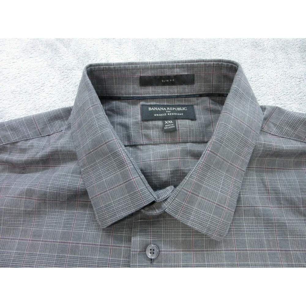 Banana Republic Shirt Men's XXL 2XL Slim Fit Wrinkle Resistant Plaid Gray